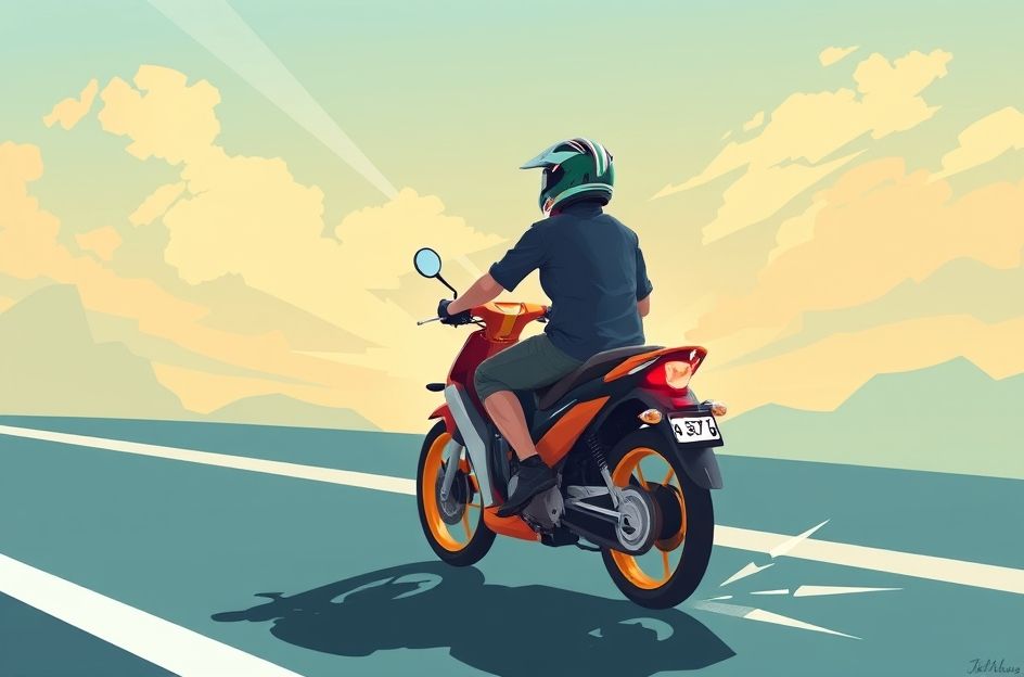 Ilustrasi digital yang menunjukkan pengendara sepeda motor dengan latar belakang jalan raya yang cerah. Di samping motor, terdapat ikon tangki bensin yang penuh dan tumpukan koin Rupiah atau dompet yang tebal, melambangkan penghematan. Nuansa gambar cerah dan positif, menyoroti efisiensi dan penghematan biaya operasional harian.