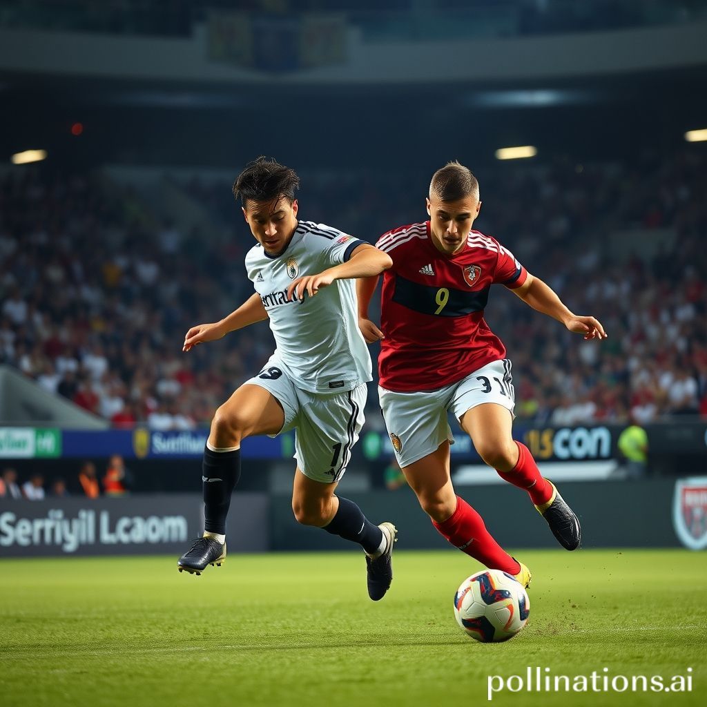 A dynamic football action shot. A German midfielder in a white jersey dribbles past a Slovakian defender in a blue jersey, with the ball at his feet. The stadium lights illuminate the intense moment.