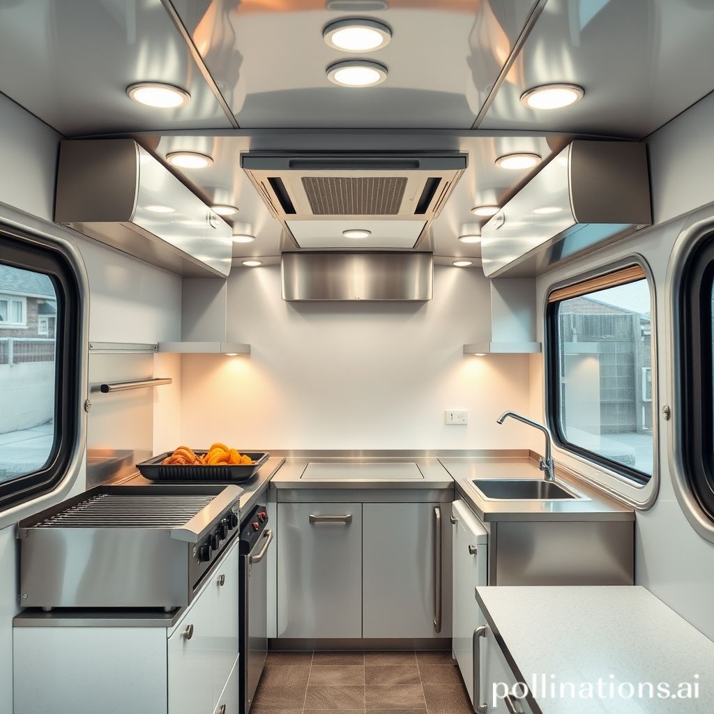 Interior view of sandwich trailer with stainless steel counter, sink, and kitchen gear