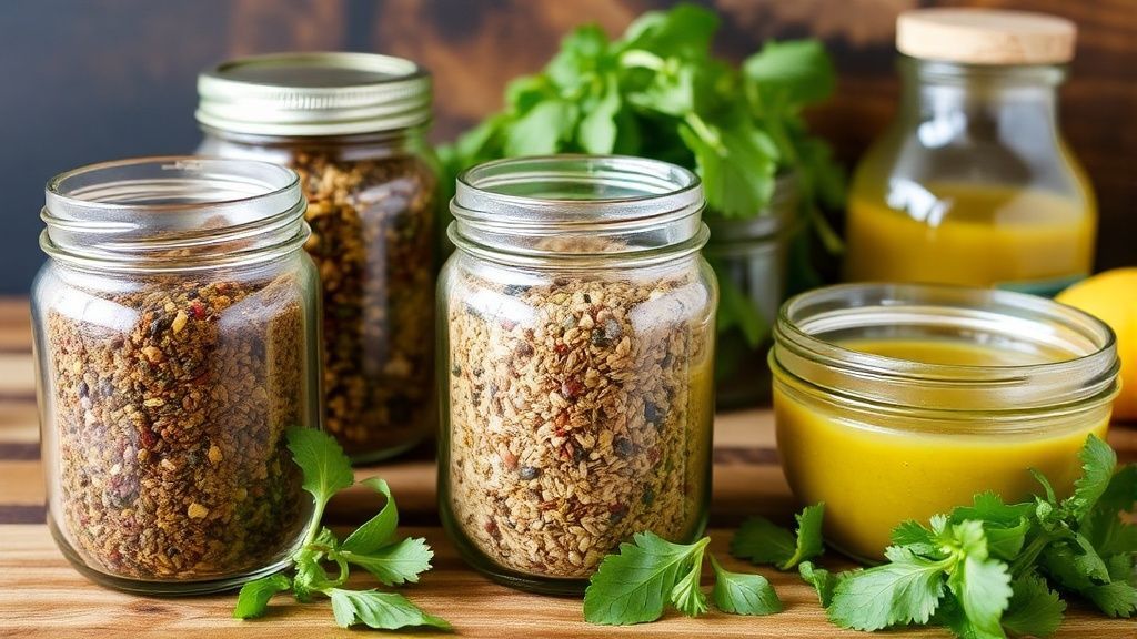 A collection of glass jars filled with homemade spice blends and a bottle of freshly prepared vinaigrette, highlighting budget-friendly DIY flavorings.