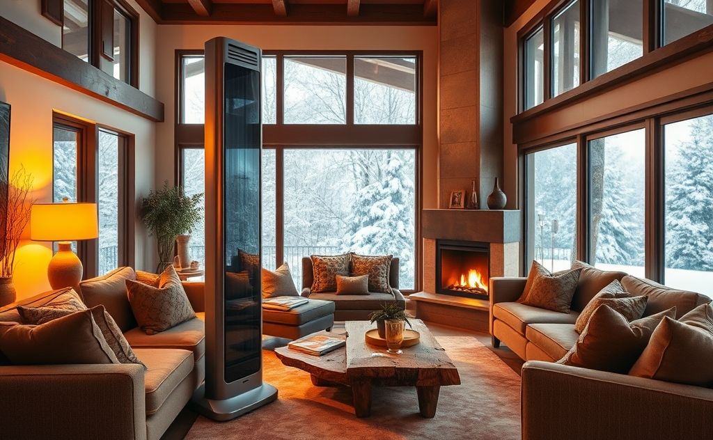 A large electric heater in a spacious, cozy living room setting.