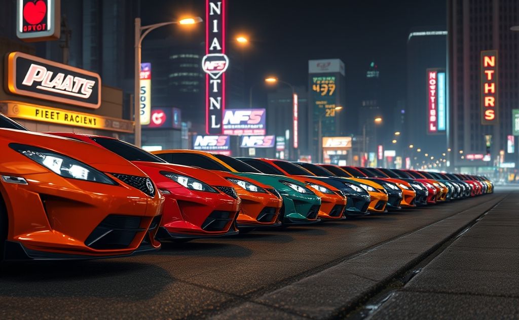 A lineup of sleek cars ready for racing in NFS Heat.