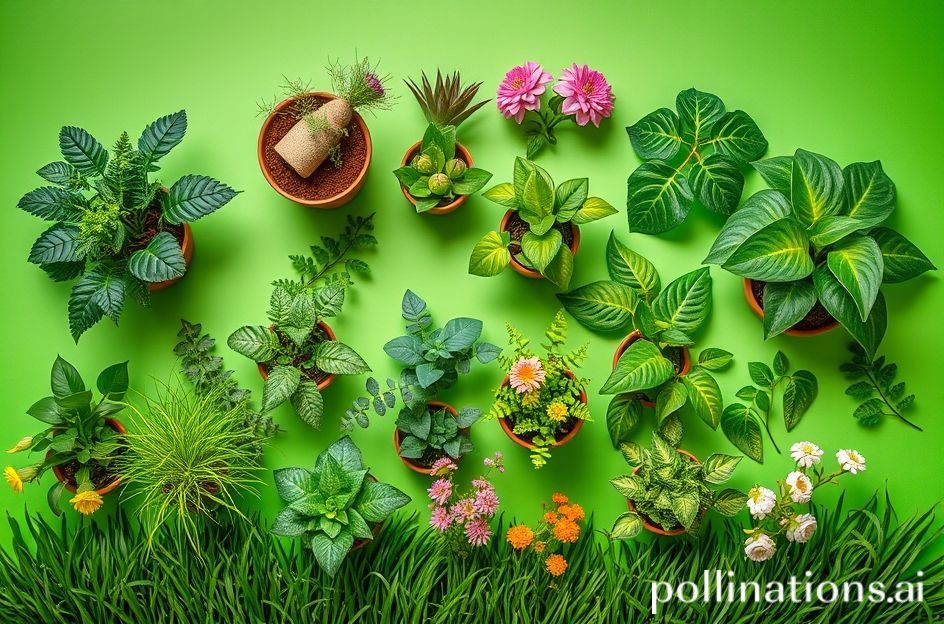 Flatlay tanaman, bunga, dan rumput