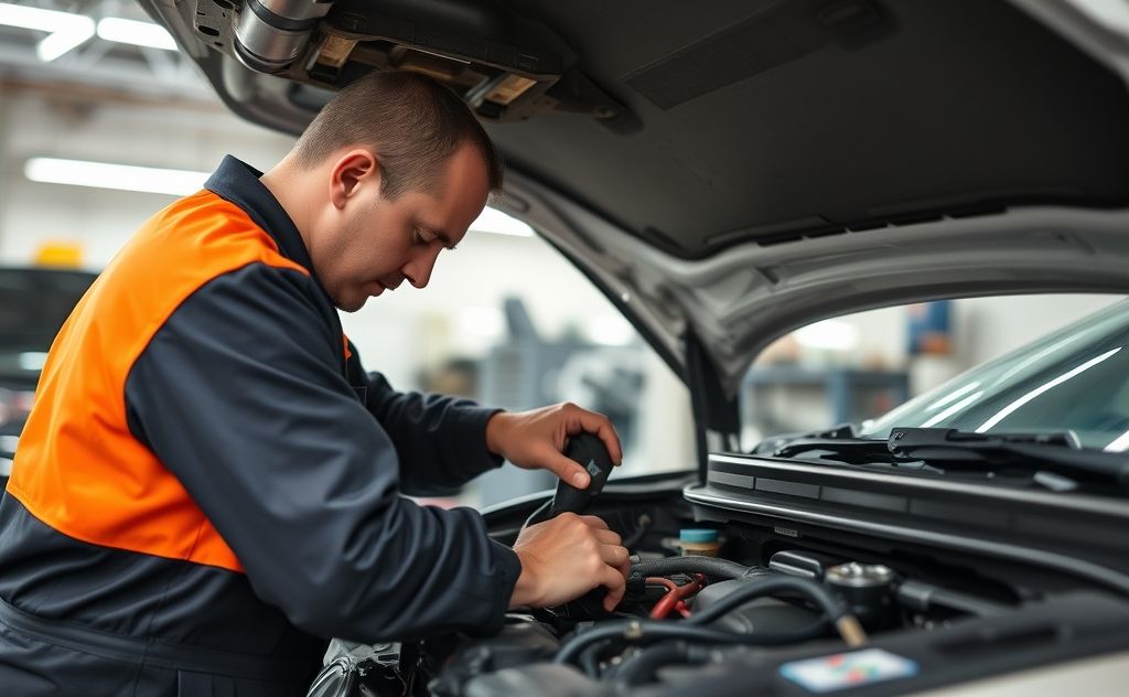 A mechanic repairing a car's heating system in a garage.