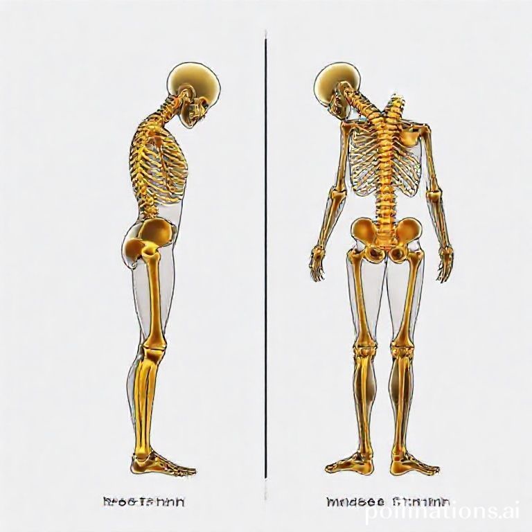 正常な姿勢と変形性膝関節症による腰への負担を比較する解剖図