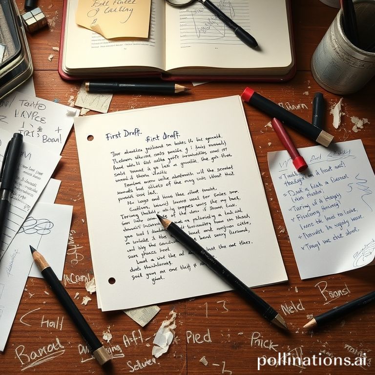 Messy desk with a partially written document, illustrating a first draft