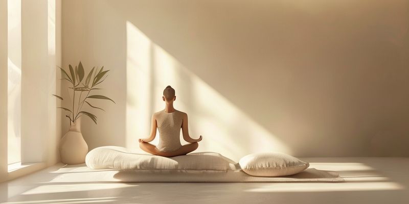 Tek bir meditasyon yastığında oturan figürün bulunduğu minimalist iç mekan, yumuşak doğal ışık, sakin renk paleti