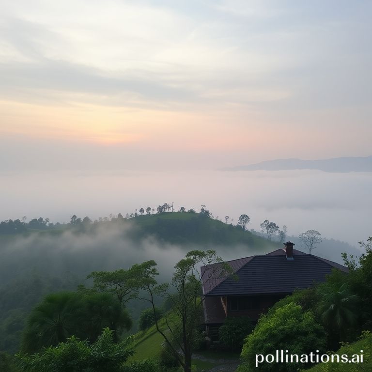 Villa pagi berkabut dengan hutan pinus