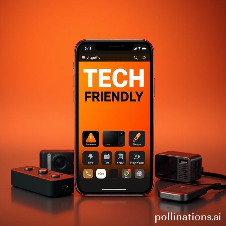 Selezione di gadget tecnologici su sfondo scuro con accenti arancioni