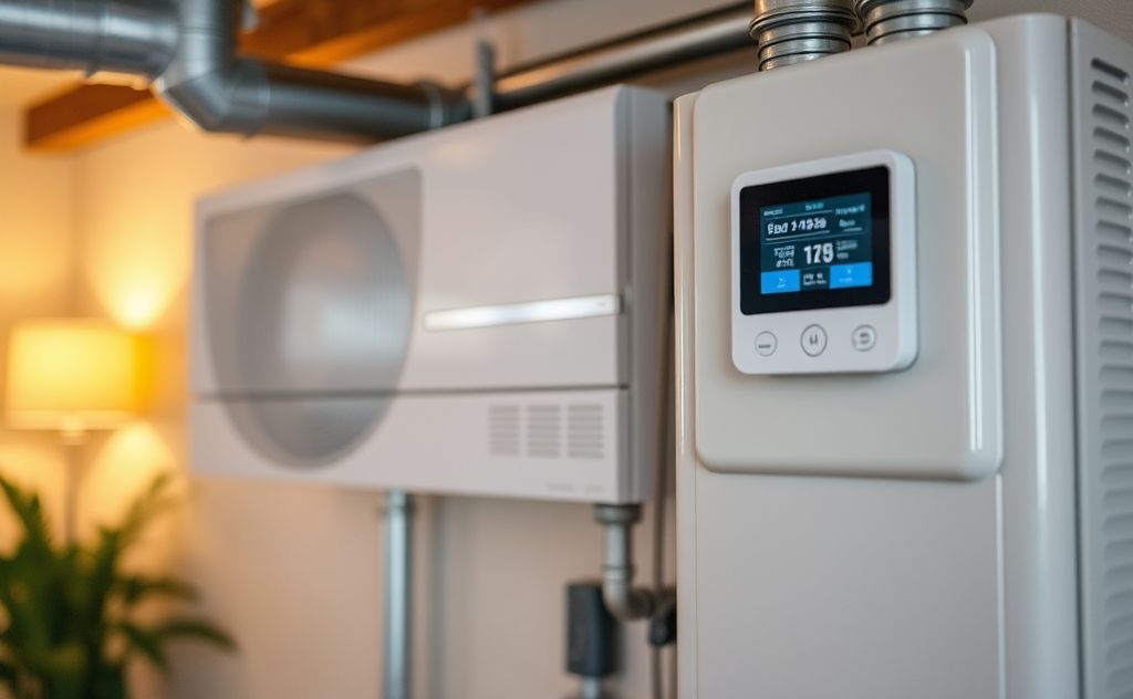 A modern HVAC system with a thermostat in a cozy home setting.
