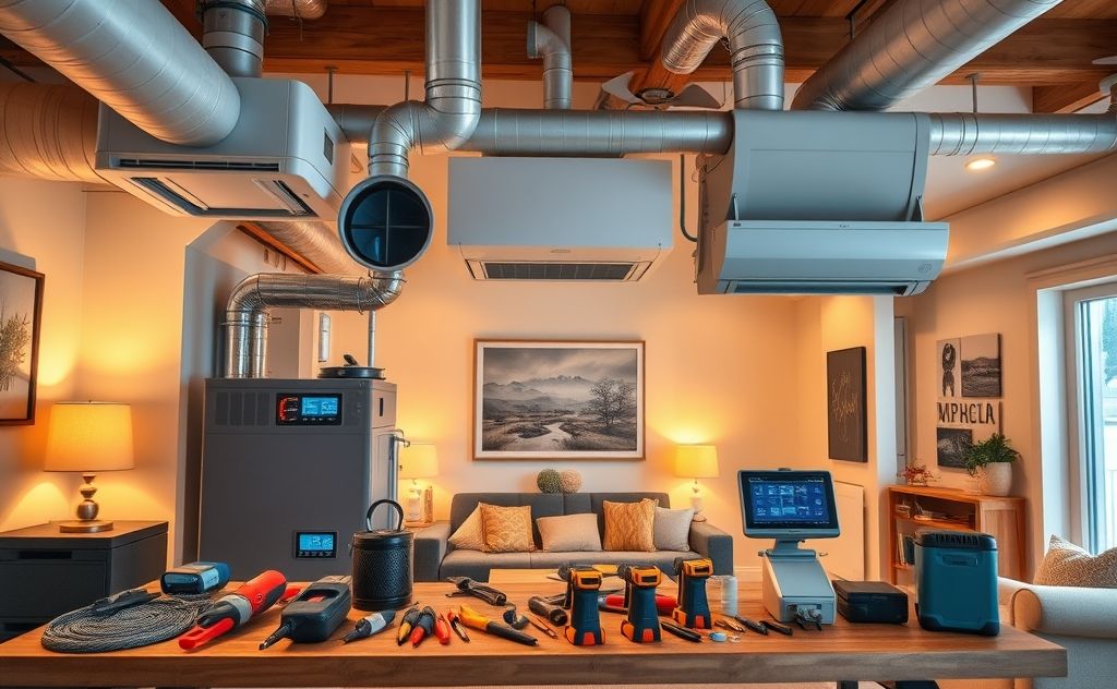 A modern HVAC system with tools and equipment in a cozy home.