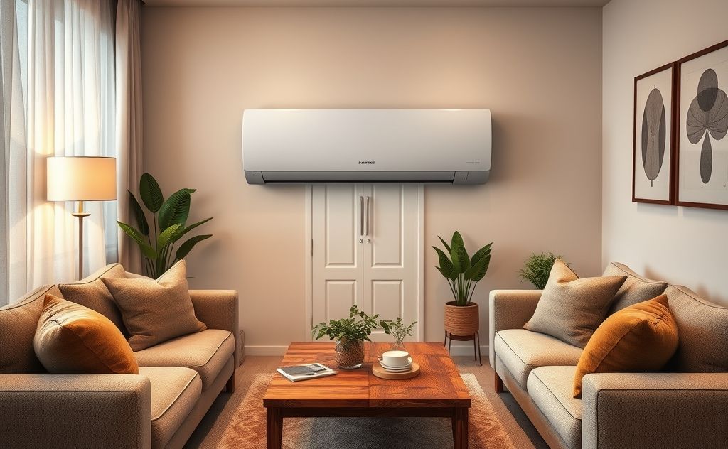 A modern air conditioning unit installed in a cozy living room setting.