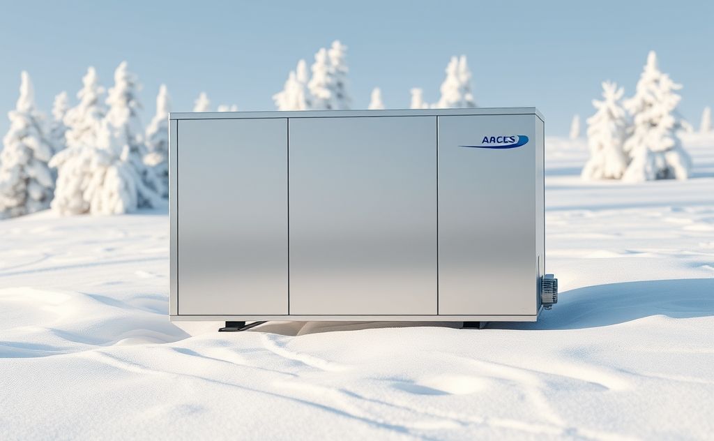 A modern air source heat pump installed in a snowy landscape.