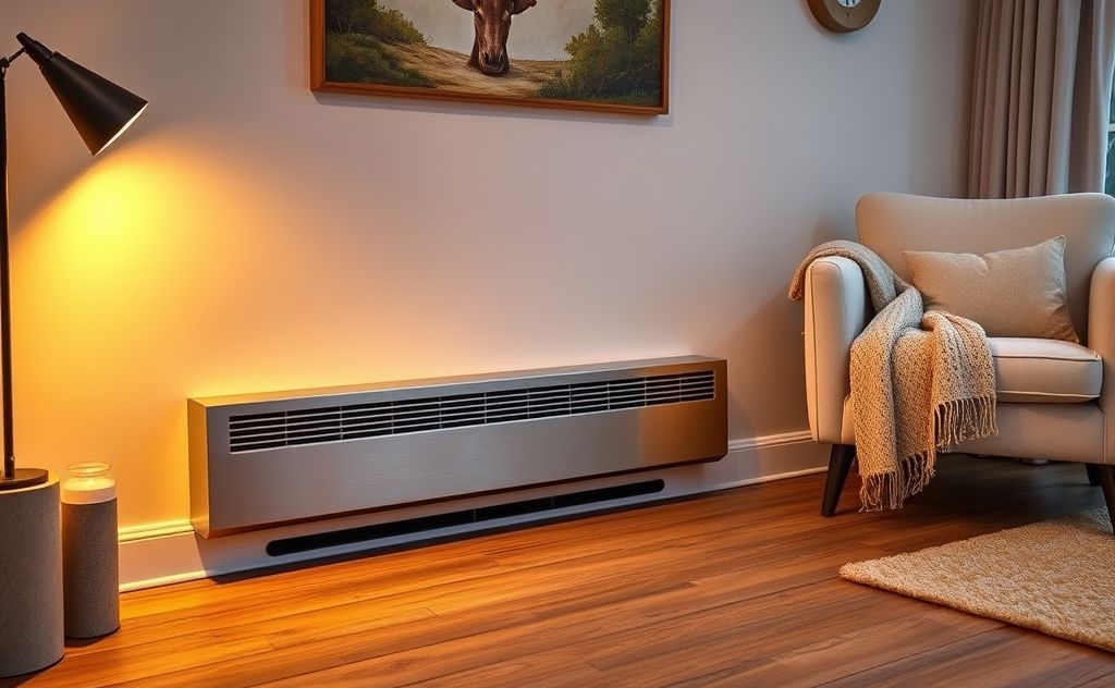 A modern baseboard heater in a cozy home setting.
