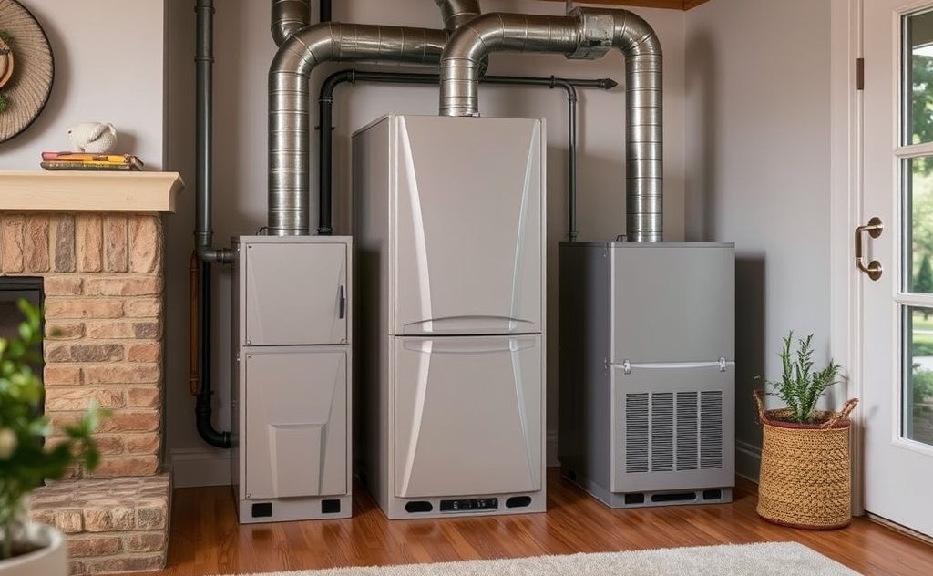 A modern condensing gas furnace in a cozy home setting.