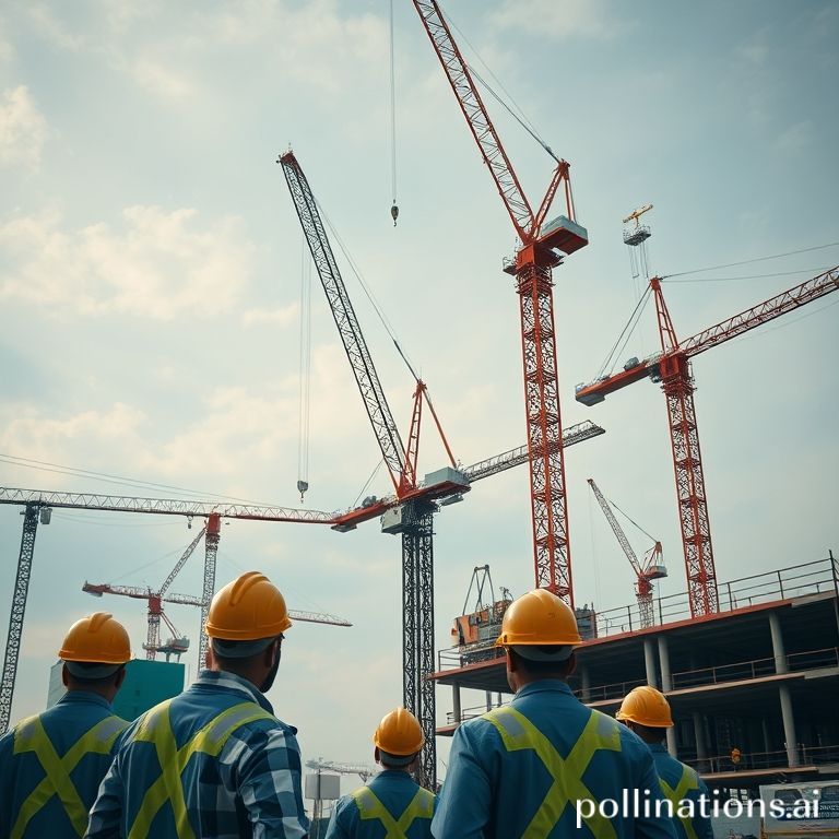 Proyek konstruksi modern dengan crane dan pekerja