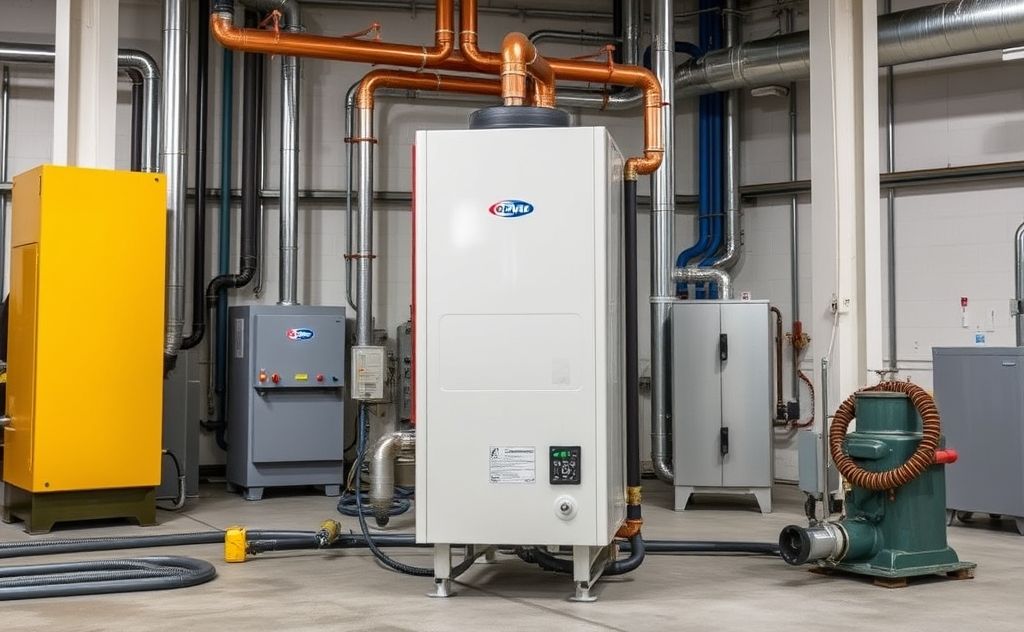 A modern electric heat pump water heater in a factory setting.