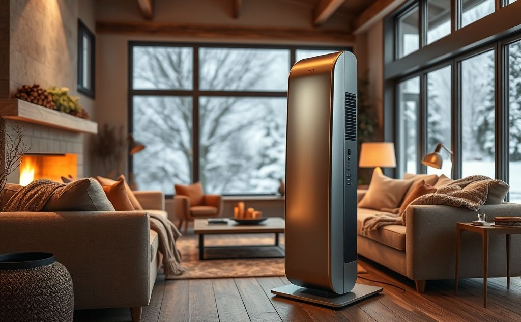 A modern electric heater in a cozy living room setting.