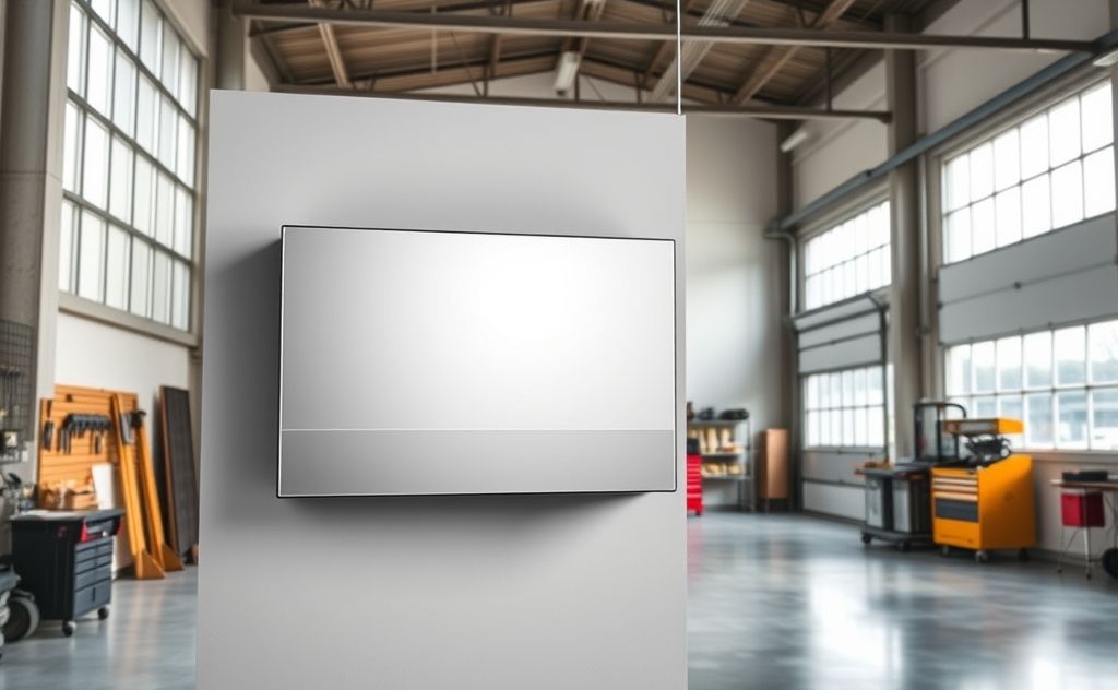 A modern electric heater positioned in a spacious garage setting.