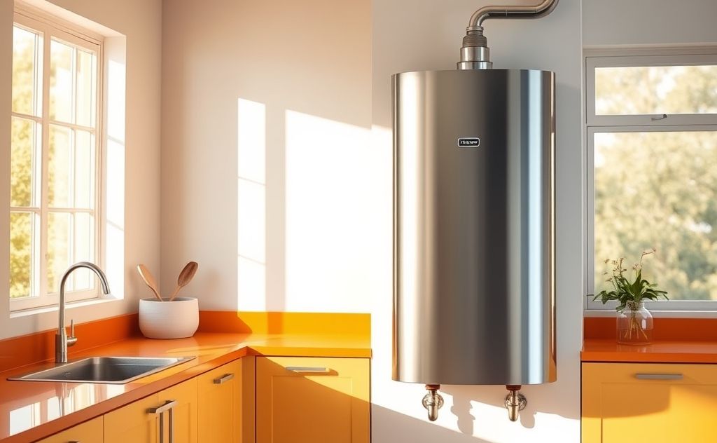 A modern electric water heater in a bright kitchen setting.