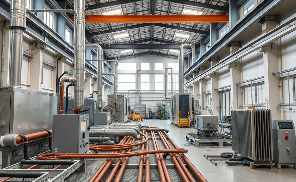 A modern factory interior with efficient heating systems in action.