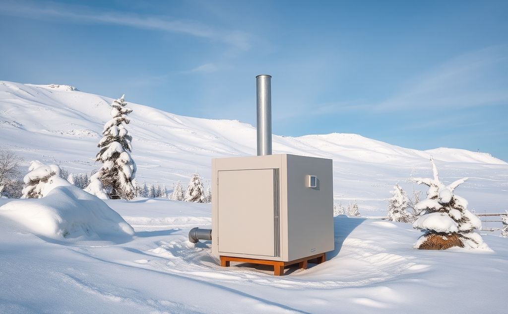 A modern furnace surrounded by a snowy landscape.