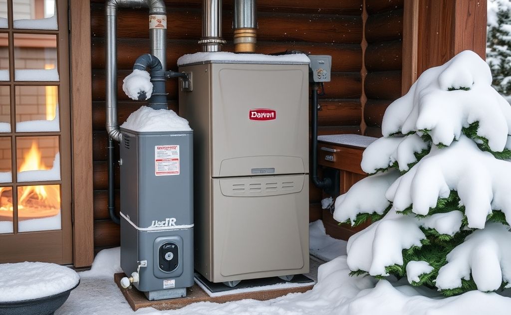 A modern gas furnace in a cozy, snow-covered home setting.