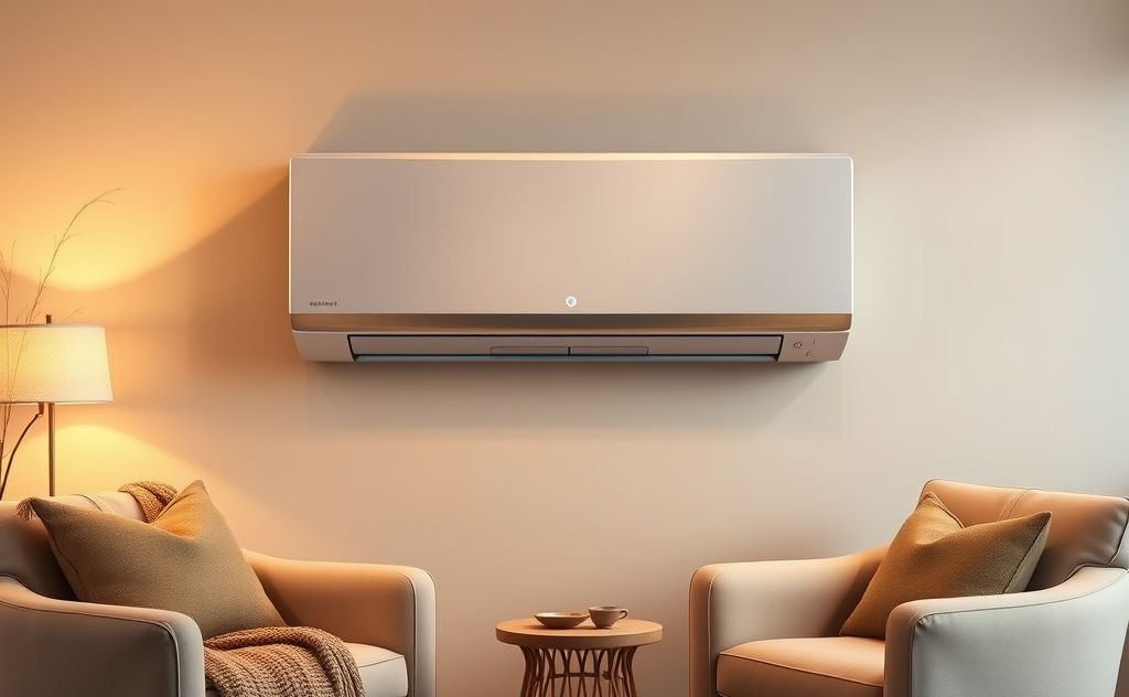 A modern heat pump displayed in a cozy home setting.