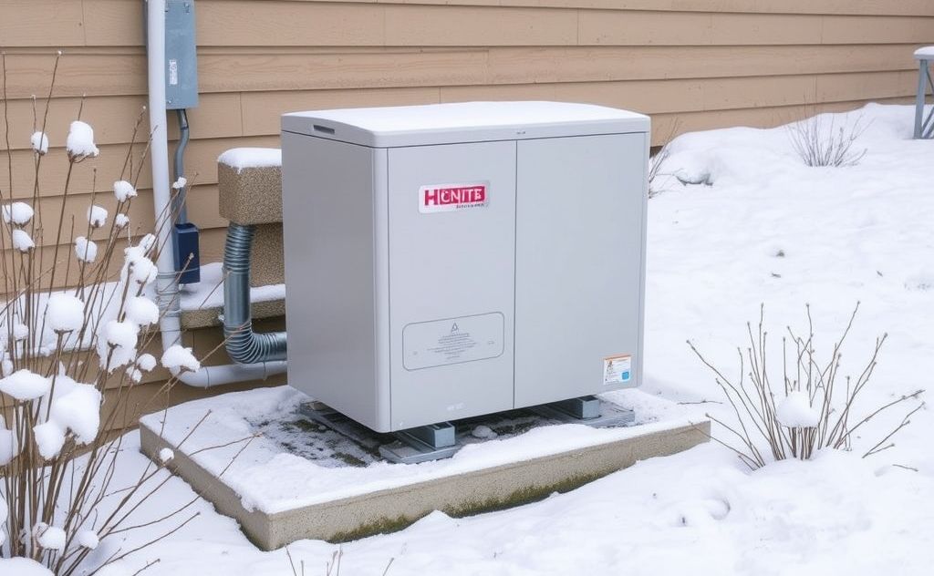 A modern heat pump installed in a snowy landscape.