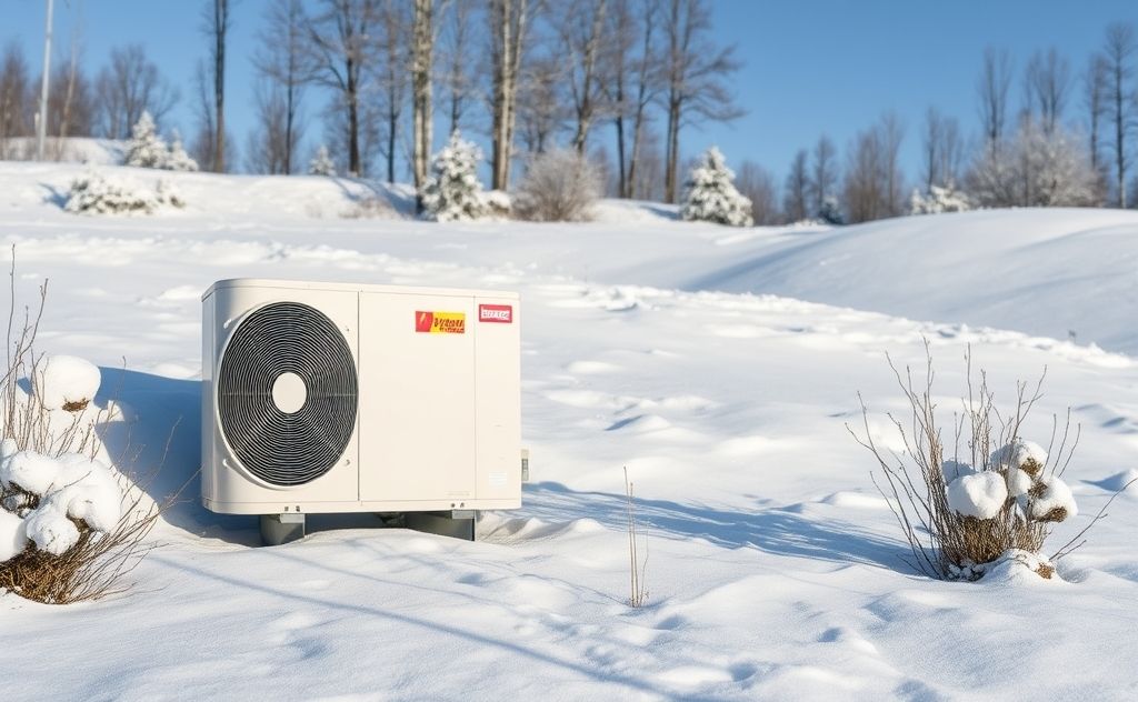 A modern heat pump system in a snowy landscape.