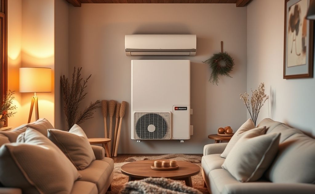 A modern heat pump unit surrounded by a cozy home environment.