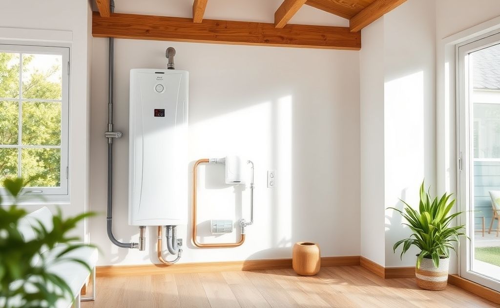 A modern heat pump water heater in a bright, energy-efficient home.