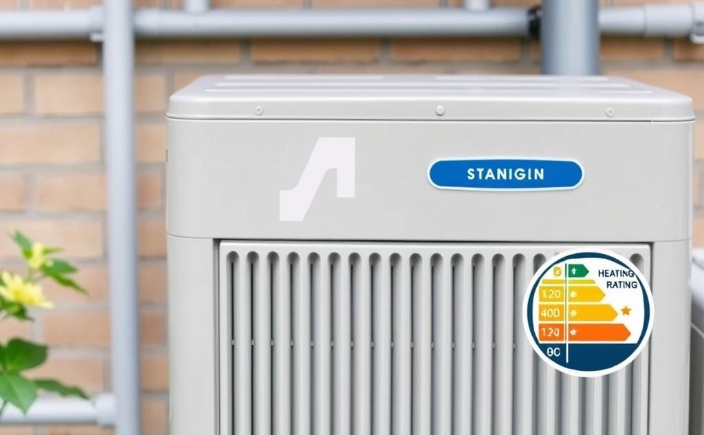 A modern heating and air conditioning unit with a rating badge.