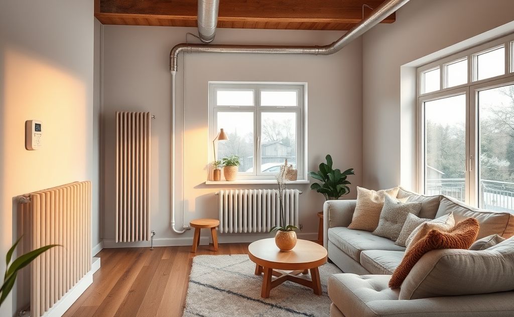 A modern heating system with energy-efficient components in a cozy home.