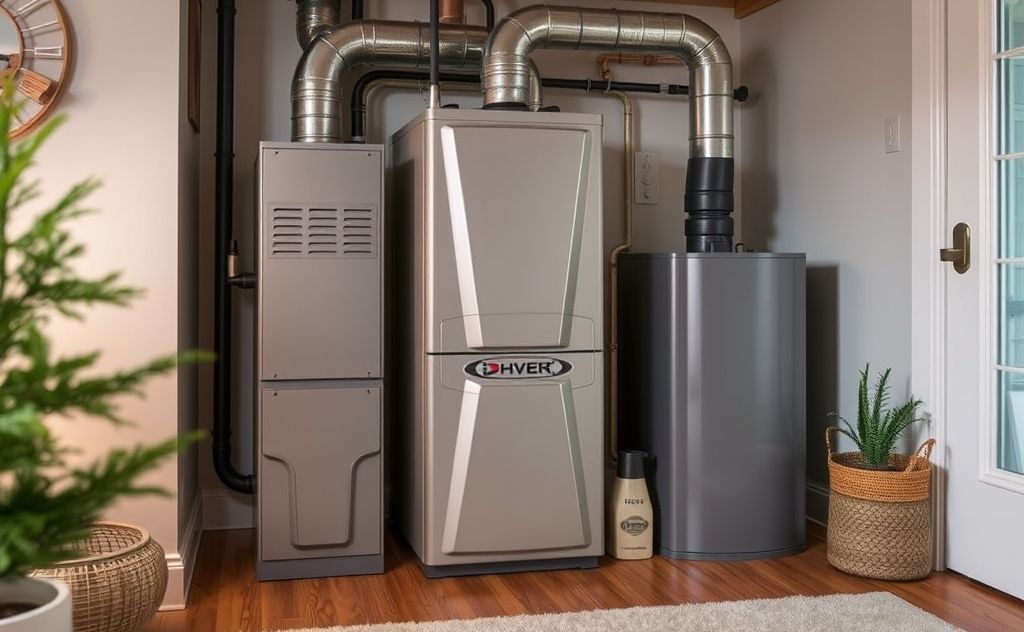 A modern high-efficiency gas furnace in a cozy home setting.