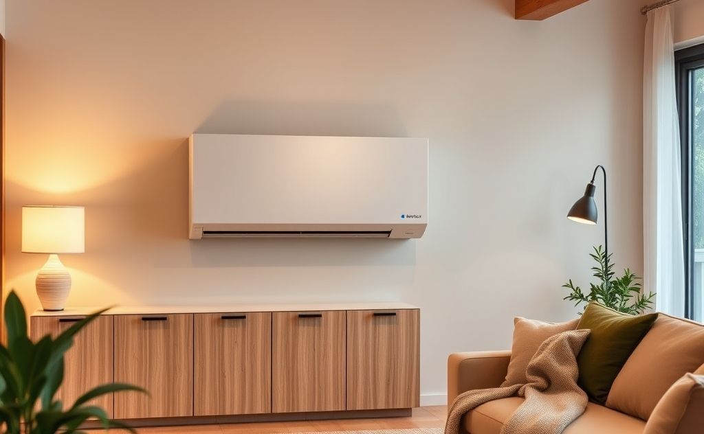 A modern high-efficiency heat pump installed in a cozy home setting.