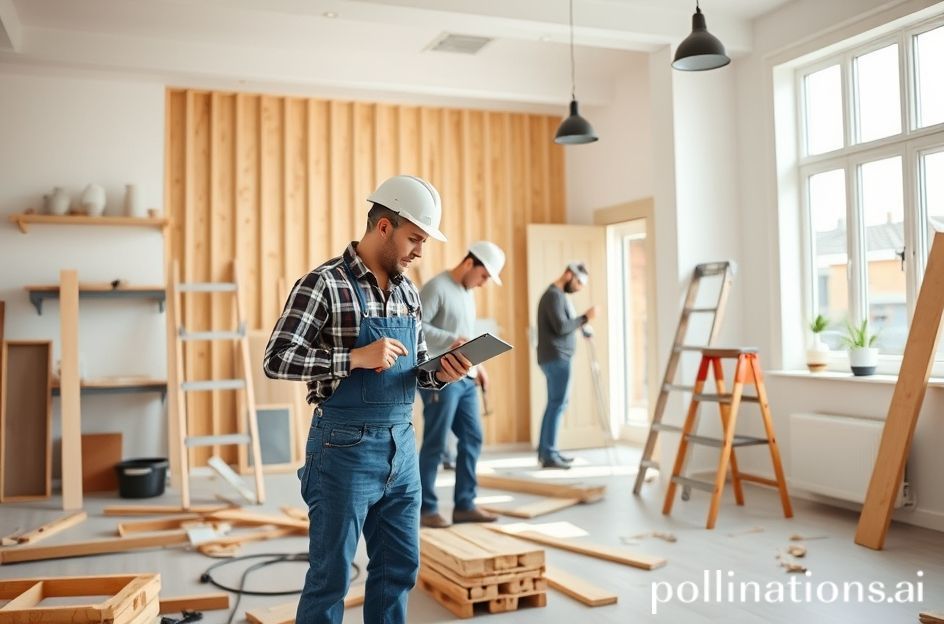 Tim renovasi rumah sedang bekerja di interior modern