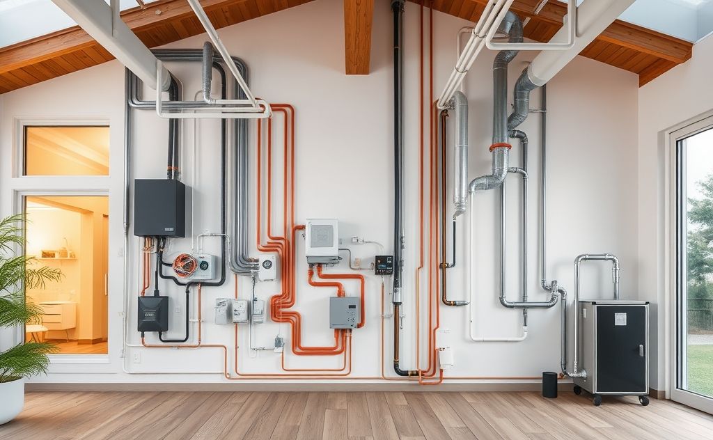 A modern home showcasing electrical, plumbing, heating, and air systems.