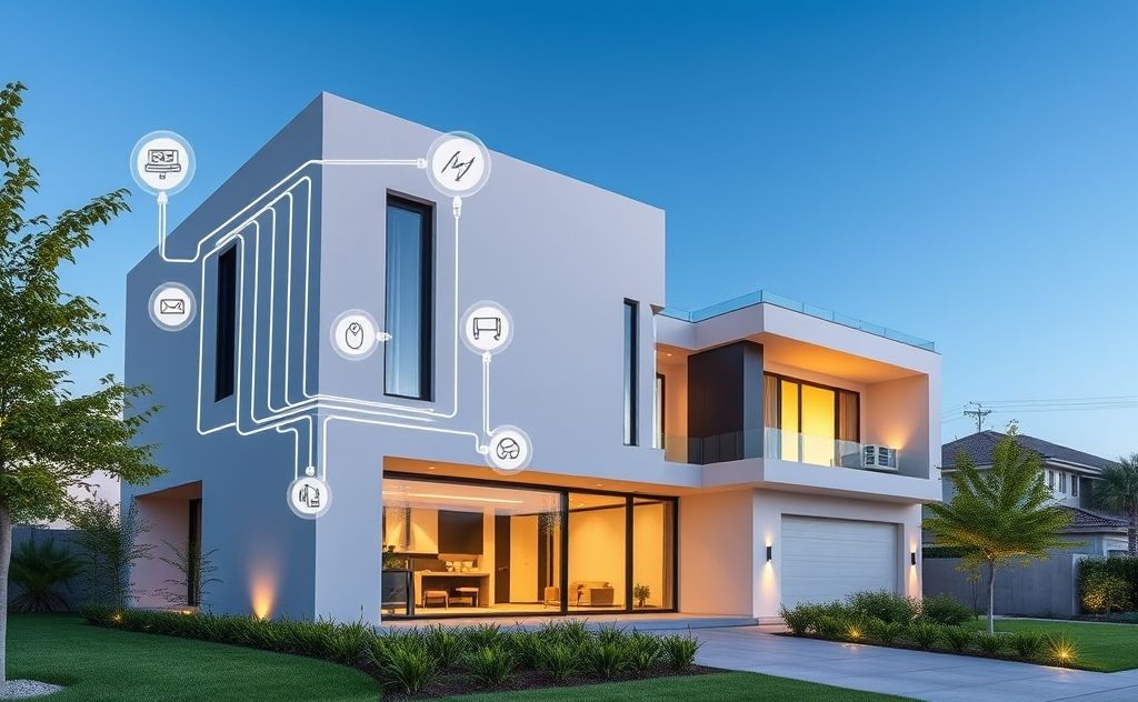 A modern home with symbols of electrical, plumbing, heating, and air services.