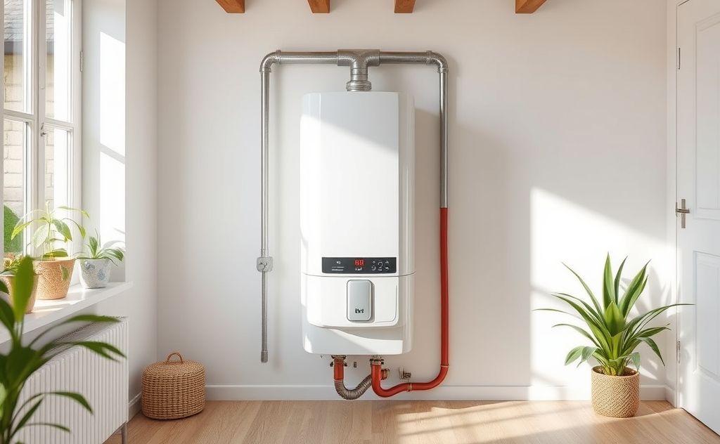 A modern hot water heater in a bright, well-organized home setting.