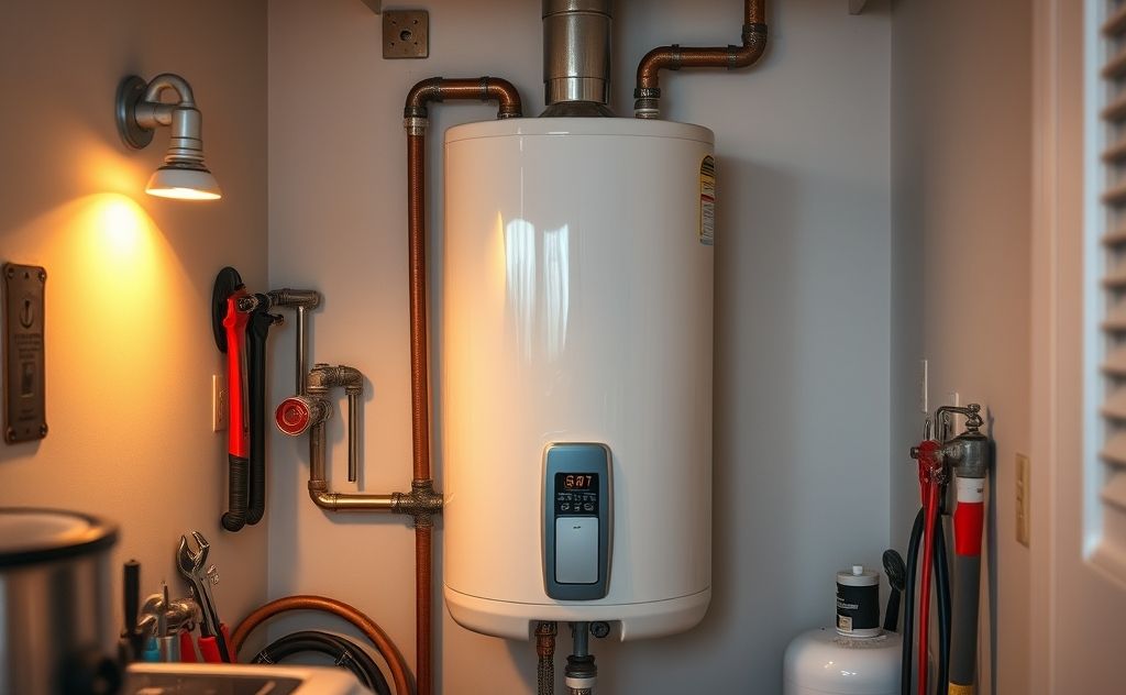 A modern hot water heater in a home setting with plumbing tools.