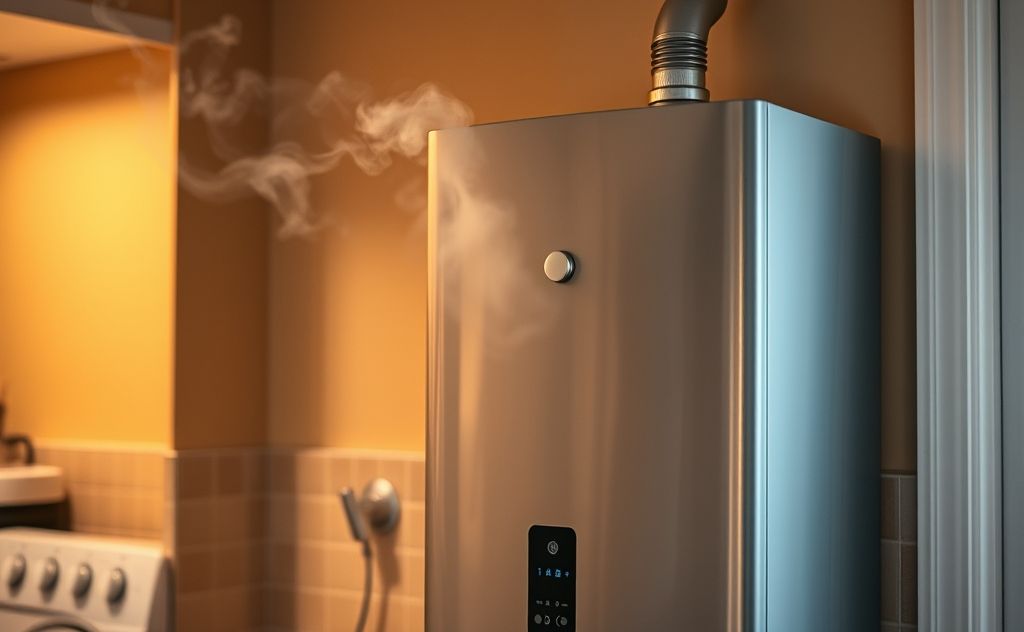 A modern hot water heater in a home setting with steam rising.
