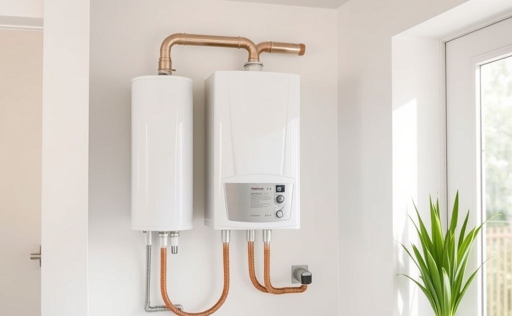 A modern hot water heater installed in a clean, bright home setting.