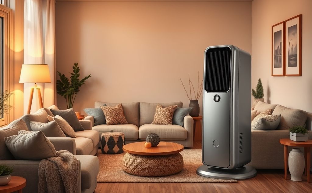 A modern indoor heater in a cozy living room setting.