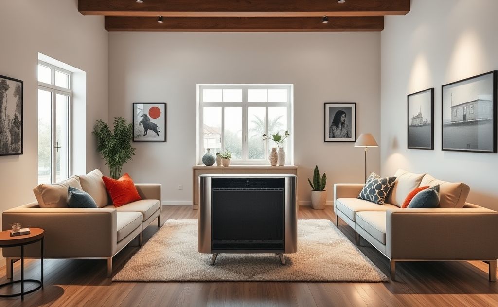 A modern living room with a stylish electric heater.