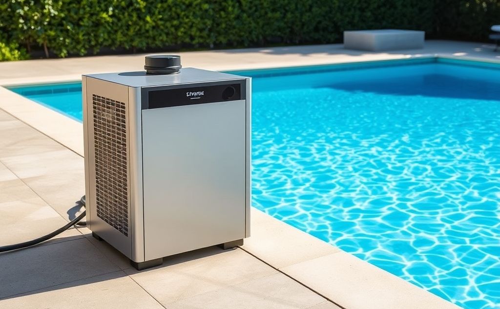A modern pool heater beside a sparkling blue swimming pool.