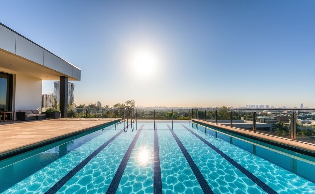 A modern pool with a heating system under a sunny Melbourne sky.