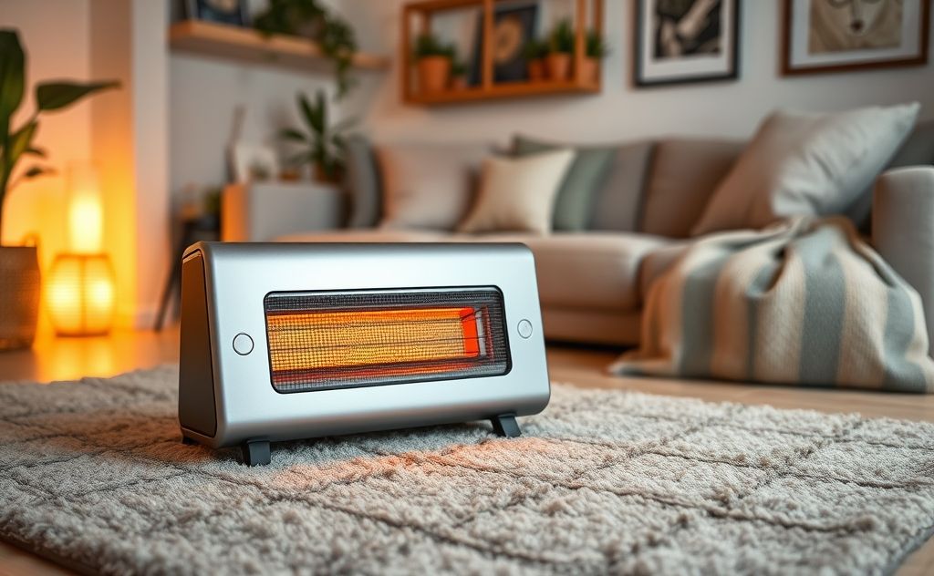 A modern room heater on a cozy living room floor.