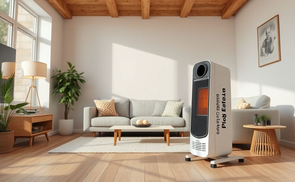 A modern space heater in a spacious living room setting.