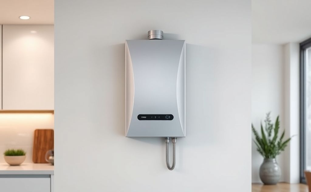 A modern tankless water heater displayed in a home setting.